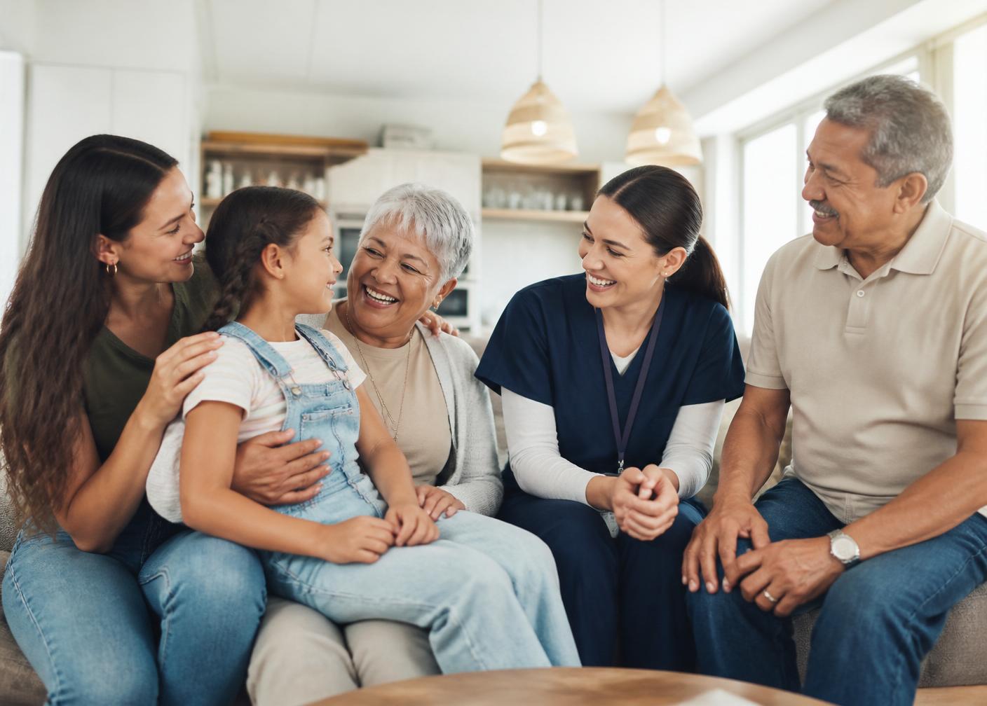 A caregiver sitting with a multigenerational family in a sunlit living room