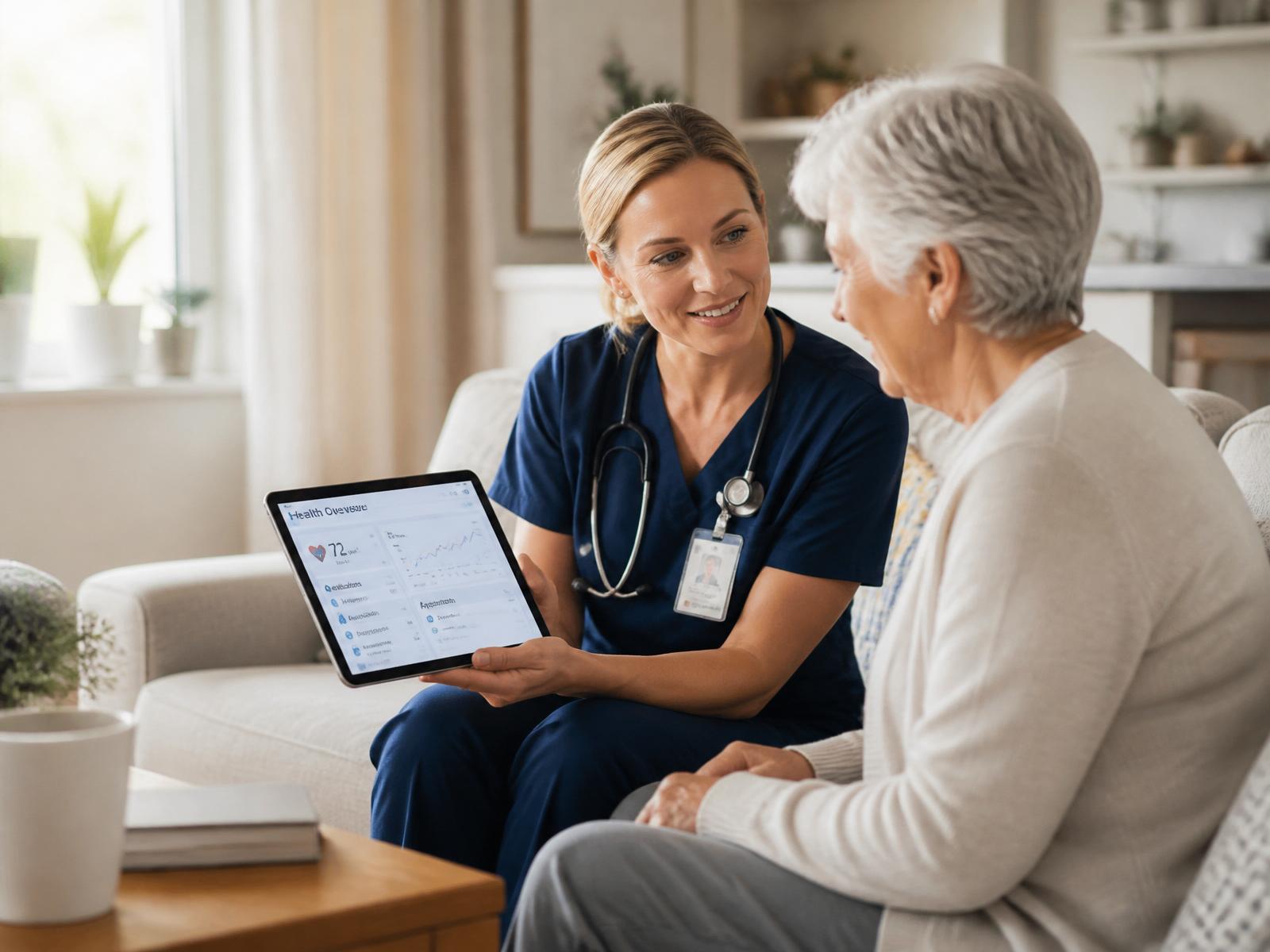 A home health nurse reviewing health readings on a tablet with an elderly patient at home
